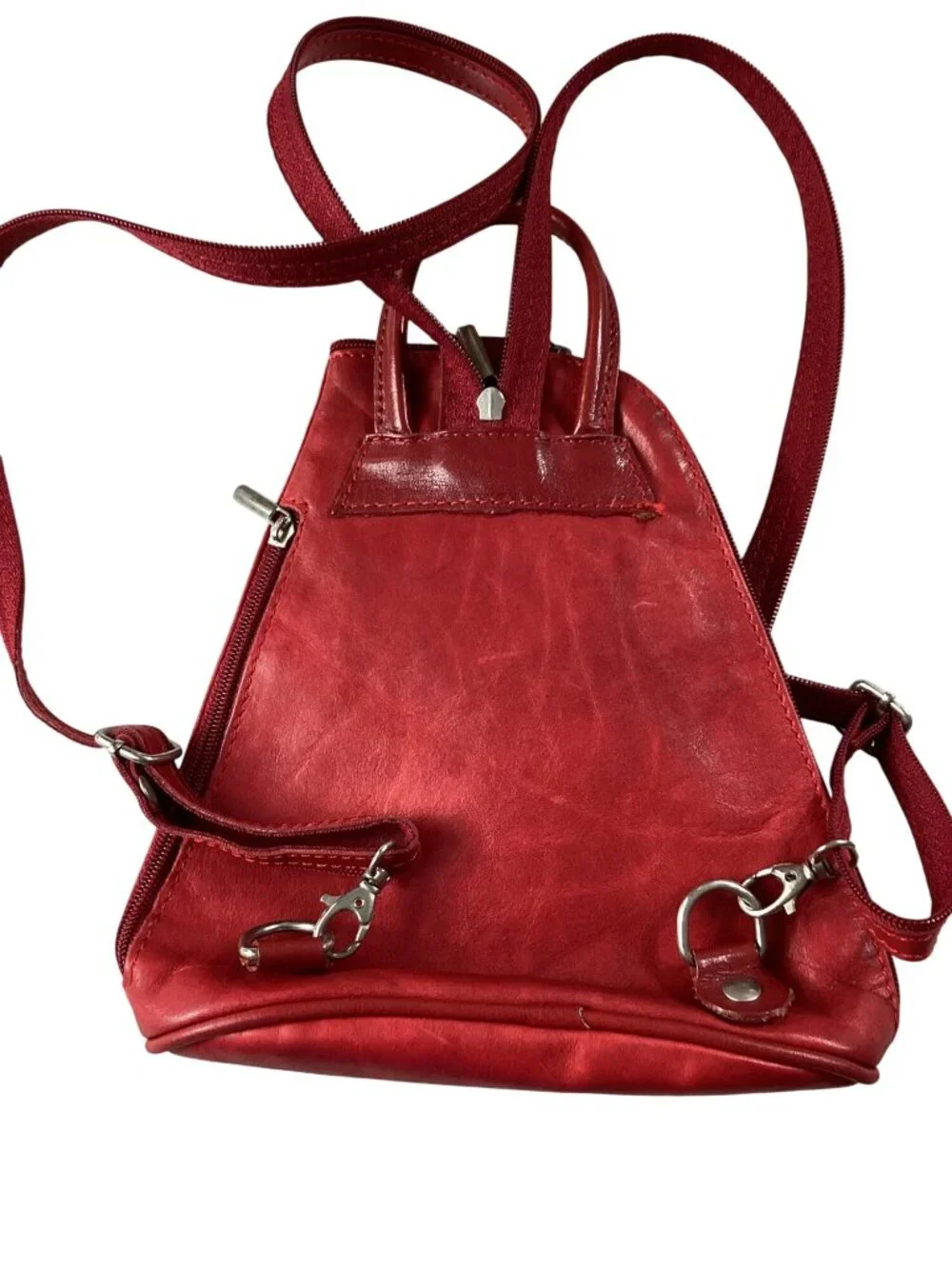 Italian Leather Red Triangular Backpack Purse*Adj Straps*Zip & Magnetic Closure